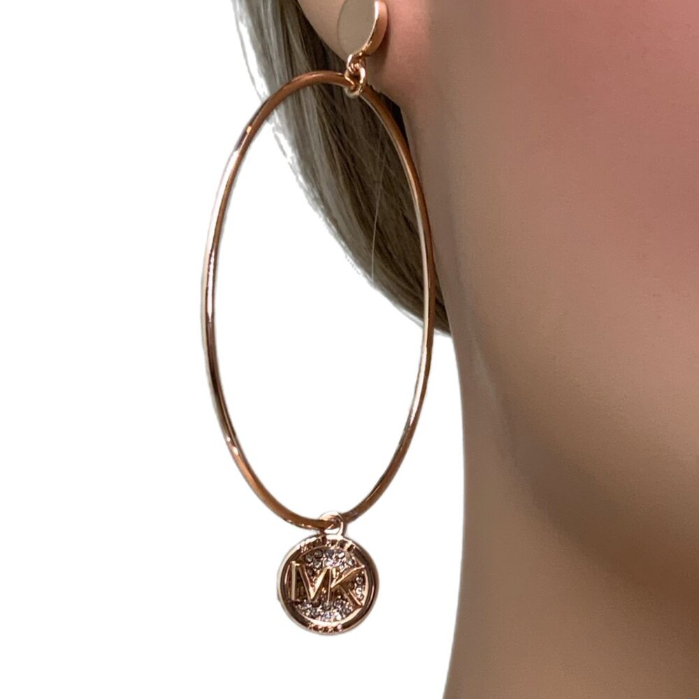 NEW! Michael Kors Charm Dangle Large Hoop Earrings Pave Crystals Rose Gold MK - Picture 7 of 15